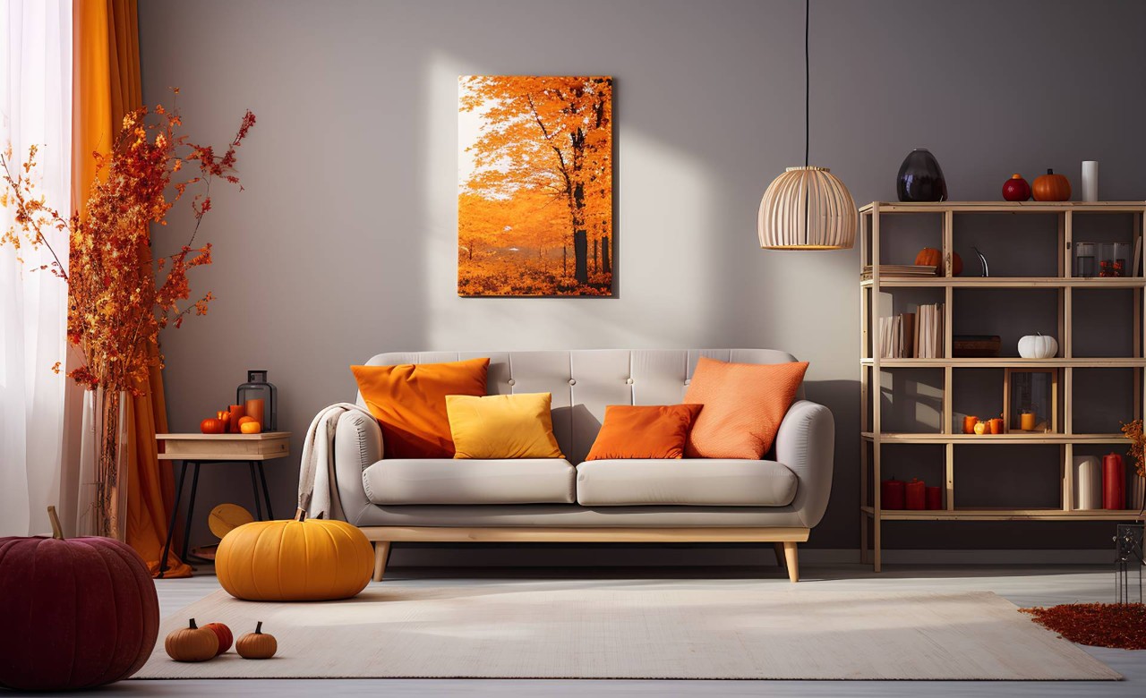 Home living room with orange and other fall-colored interior design elements near Federal Way, WA