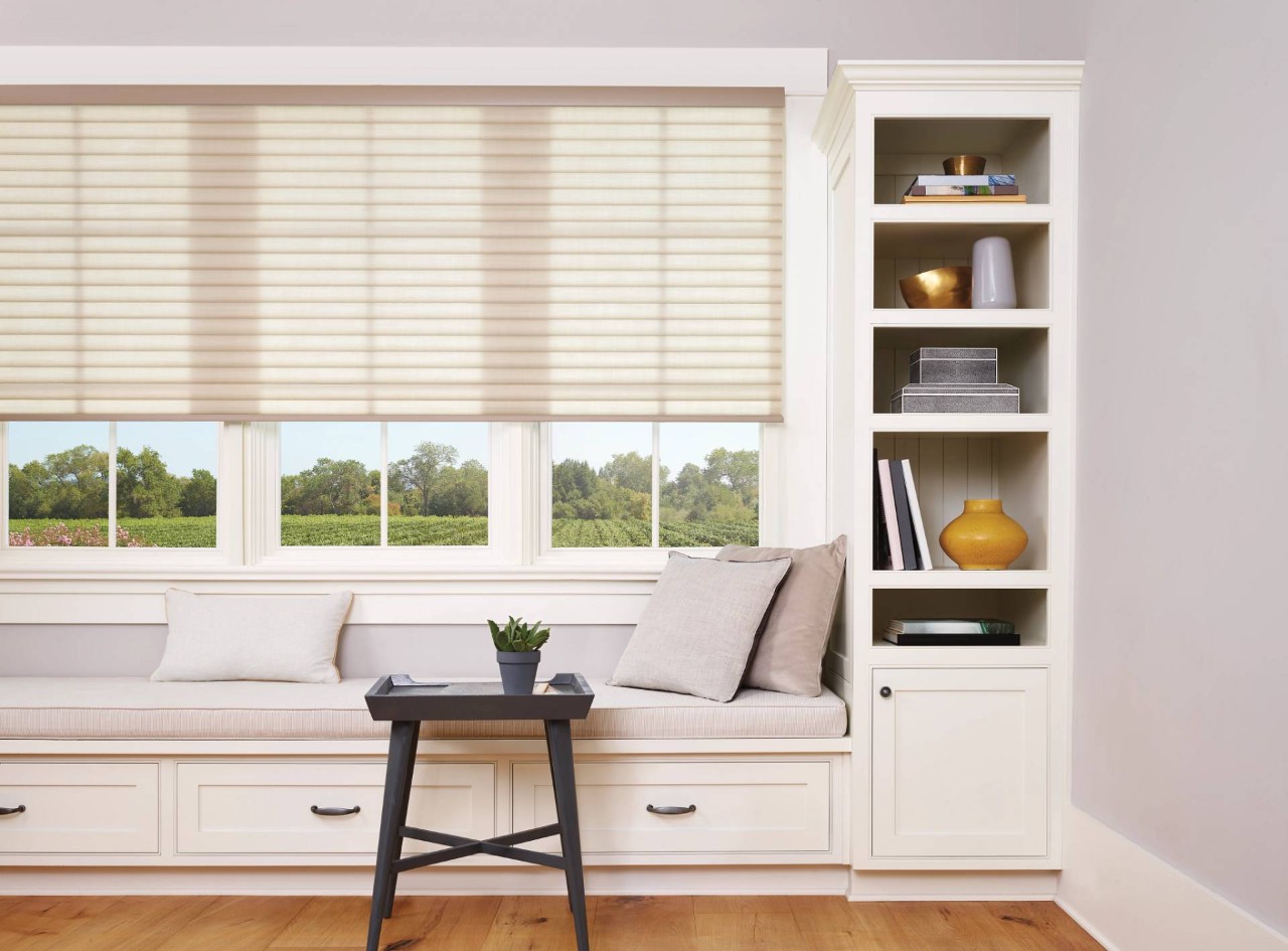 Sitting room with long window outfitted with Hunter Douglas Sonnette® Roller Shades at Geneva’s Interiors near Federal Way, WA