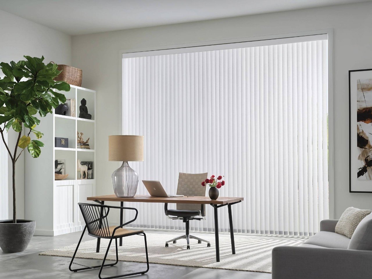 Hunter Douglas vertical blinds for windows in a minimalist and chic modern home office at Geneva’s Interiors near Federal Way, WA