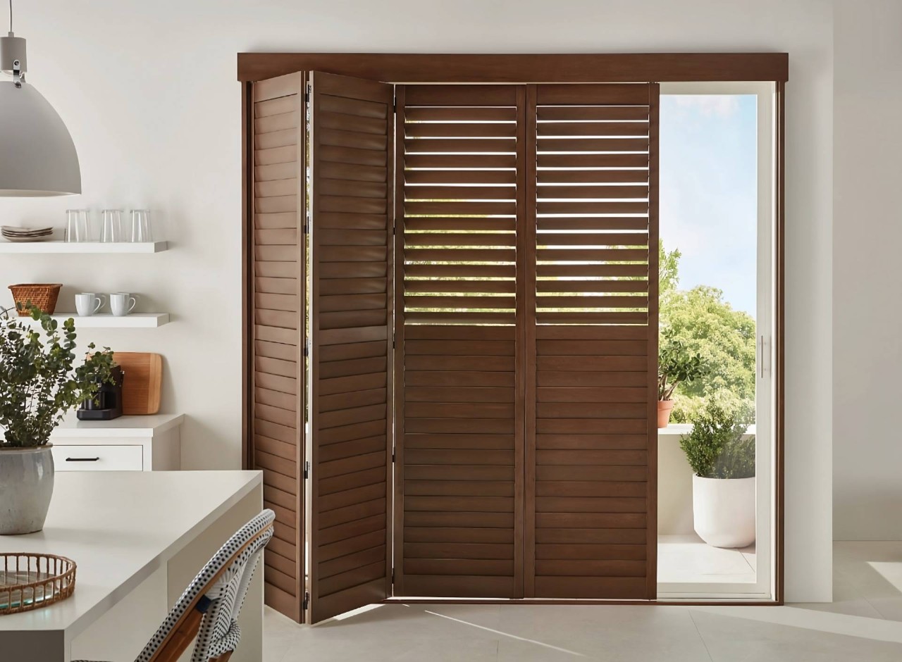 Stunning dark wood Hunter Douglas Heritance® Wood Shutters as sliding glass door window treatments at Geneva’s Interiors near Federal Way, (WA)